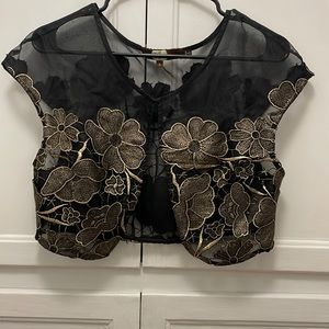 Anthropologie Eva Franco gold and black floral bolero